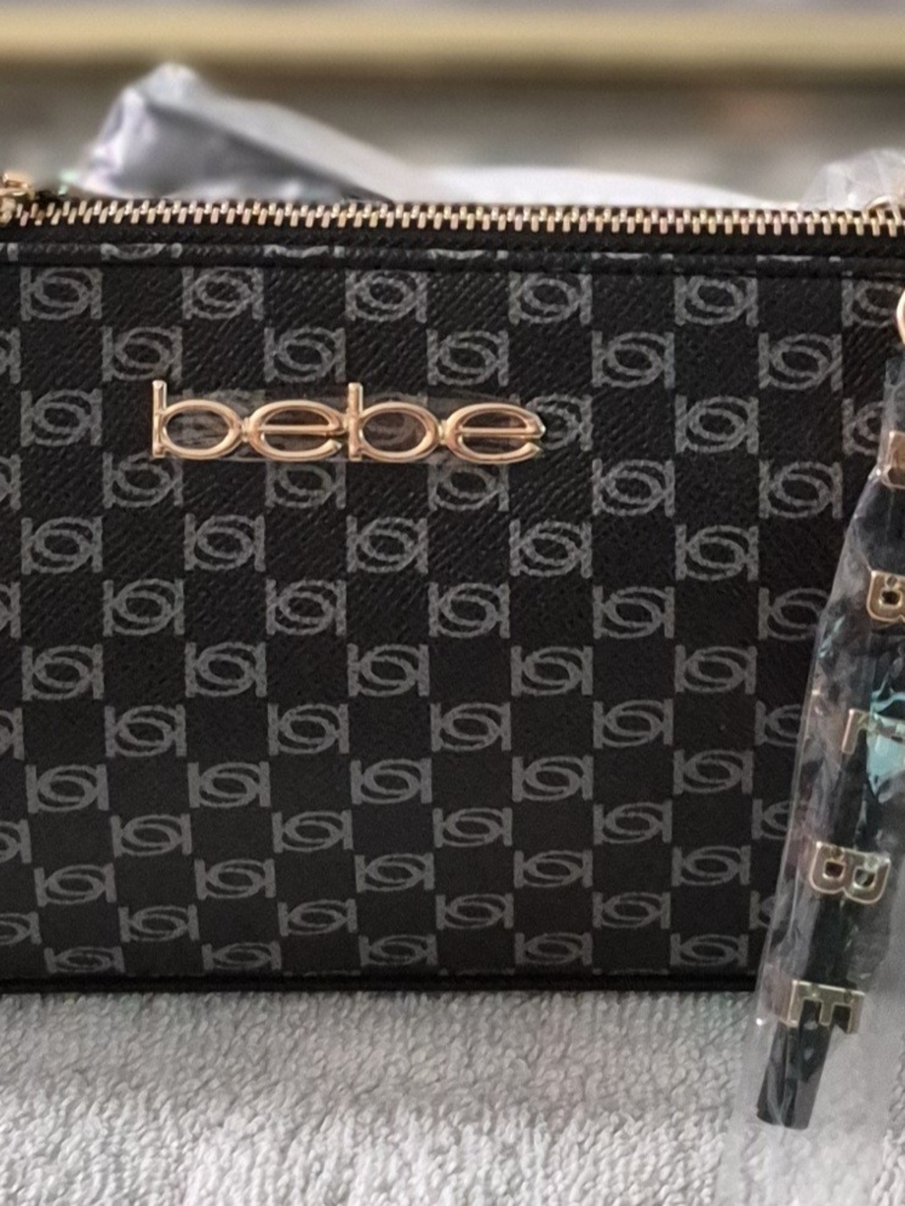 bebe Black Logo Print Crossbody Bag with Gold Hardware